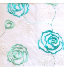 Aqua blue color big embroidery rose pattern with leaf and buds connecting with each other in white background sheer curtain