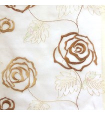 Brown beige color big embroidery rose pattern with leaf and buds connecting with each other in cream background sheer curtain