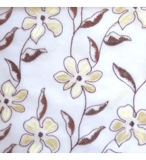 Dark brown beige flower long stem support leaf floral design cream background sheer curtain