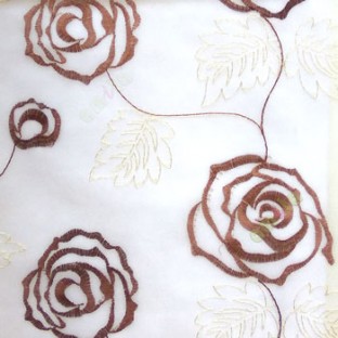 Dark brown beige color big embroidery rose pattern with leaf and buds connecting with each other in cream background sheer curtain