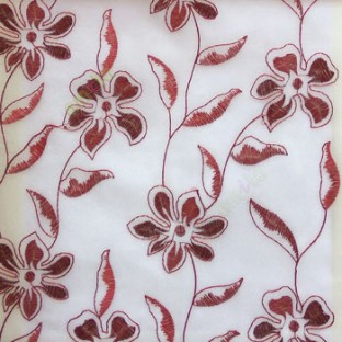 Maroon red flower long stem support leaf floral design white background sheer curtain
