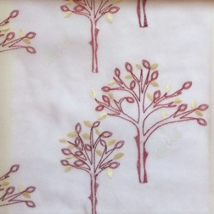Maroon red color tree flower oval shaped embroidery tree pattern white background sheer curtain