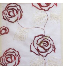 Maroon red color big embroidery rose pattern with leaf and buds connecting with each other in white background sheer curtain