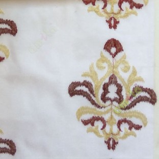Maroon red color traditional embroidery damask pattern in white background sheer curtain