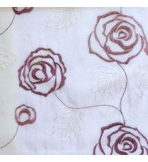 Purple color big embroidery rose pattern with leaf and buds connecting with each other in white background sheer curtain
