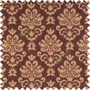 Dark chocolate brown gold color beautiful traditional damask design complete texture surface swirls star thick polyester sofa fabric