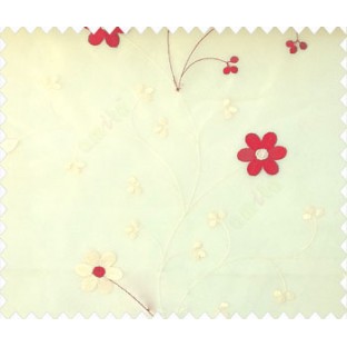 Beautiful daisy flower red and beige color oval shaped flower buds continues embroidery pattern polyester sheer curtain