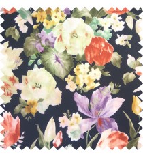 Navy blue purple orange yellow green color beautiful natural big rose daisy flower leaves Japanese flowers with texture finished polyester sheer curtain