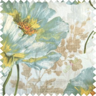 Blue gold orange green grey brown color beautiful big rose daisy flower leaves Japanese flowers with texture transparent net-finished polyester sheer curtain