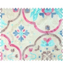 Pink brown blue beige color traditional flower floral pattern circles flower buds watercolor print net finished sheer curtain