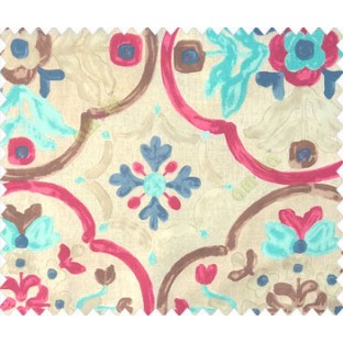 Pink brown blue beige color traditional flower floral pattern circles flower buds main curtain