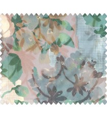 Dark brown green beige grey color big size flower bunch leaf buds checks vertical and horizontal crossing lines watercolor print net finished sheer curtain