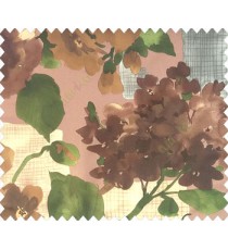 Dark brown green beige grey color big size flower bunch leaf buds checks vertical and horizontal crossing lines watercolor print main curtain