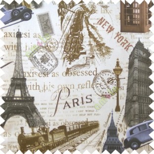 Grey brown cream black color alphabets vintage cars letters stamps Eiffel towers big ben clock London vintage train palace main curtain