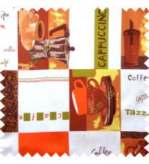 Orange red green white brown color coffee maker coffee seeds jug alphabets squares cups lines geometric shapes main curtain