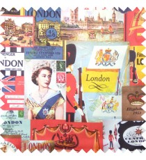 Red brown yellow blue orange green color queen alphabets guard with gun decorative screens crown London flag big ben clock main curtain 
