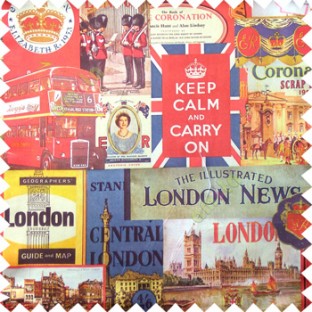 Red brown yellow blue orange green color queen alphabets guard with gun decorative screens crown London flag big ben clock main curtain 