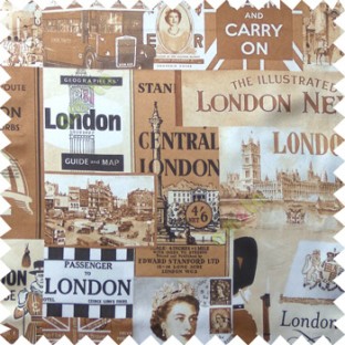 Brown white cream black color queen alphabets guard with gun decorative screens crown London flag big ben clock main curtain 