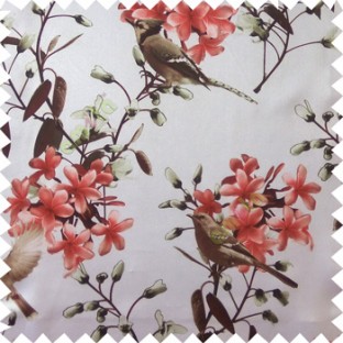 Maroon white green brown color natural beautiful flowers leaf floral designs bird trees blossom buds main curtain