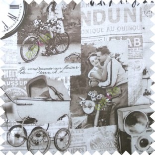Brown white grey color vintage vehicles cycles motorcycles couples flowers alphabets clocks wheels swatch main curtain