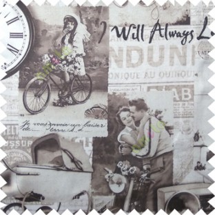 Brown white grey color vintage vehicles cycles motorcycles couples flowers alphabets clocks wheels swatch main curtain