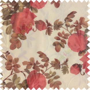 Red maroon dark green white color natural flower leaves transparent net fabric rosebuds with long branch polyester sheer curtain