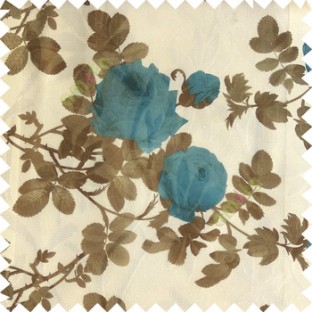 Blue brown white color natural flower leaves transparent net fabric rosebuds with long branch polyester sheer curtain