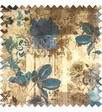 Blue brown cream color beautiful flowers hanging petals vertical texture wooden layer stripes horizontal thin lines floral swirls flower buds traditional damask pattern poly main curtain