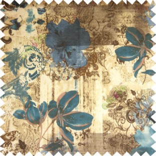 Blue brown cream color beautiful flowers hanging petals vertical texture wooden layer stripes horizontal thin lines floral swirls flower buds traditional damask pattern poly main curtain