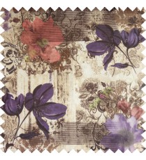 Purple brown cream black color beautiful flowers hanging petals vertical texture wooden layer stripes horizontal thin lines floral swirls flower buds traditional damask pattern poly main curtain