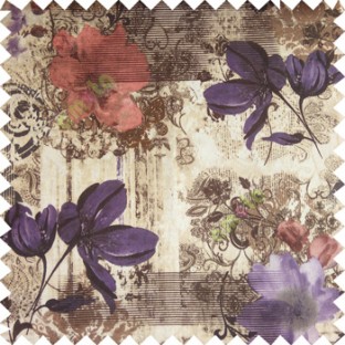 Purple brown cream black color beautiful flowers hanging petals vertical texture wooden layer stripes horizontal thin lines floral swirls flower buds traditional damask pattern poly main curtain