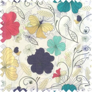 Blue red purple beige black white color beautiful floral designs daisy flowers long swirls leaves small dots with transparent net finished butterfly heart patterns sheer curtain