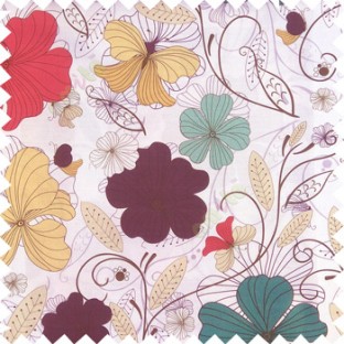 Blue red purple beige black white color beautiful floral designs daisy flowers long swirls leaves small dots with thick finished butterfly heart patterns main curtain