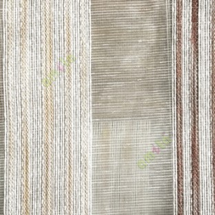 Dark brown gold white color vertical stripes with transparent texture finished surface weaving pattern sheer fabric