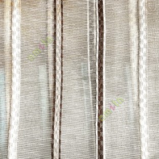 Dark brown beige color vertical stripes digital lines wide pattern transparent net finished background sheer curtain fabric