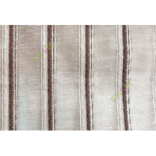 Dark brown cream white color vertical weaving stripes with transparent net finished surface texture lines sheer fabric