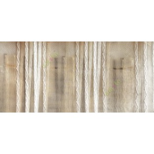 Beige white color vertical zigzag weaving stripes with transparent net finished surface texture sheer fabric