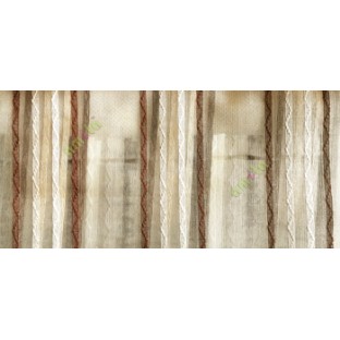 Dark brown cream beige color vertical zigzag weaving stripes with transparent net finished surface texture sheer fabric