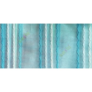 Aqua blue green color vertical zigzag weaving stripes with transparent net finished surface texture sheer fabric