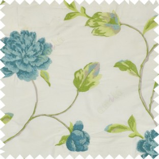 Big blue rose flower with green and blue leaves green light brown mixed stem on a cream base silk slub texture main curtain