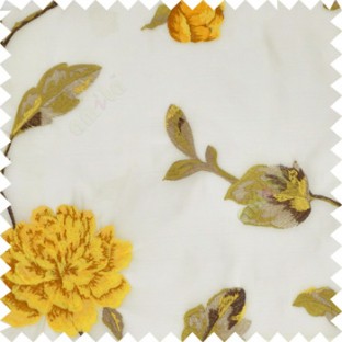 Big yellow rose flower with green leaves brown stem on a half white base silk slub texture sheer curtain