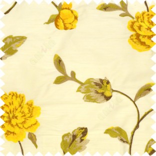 Big yellow rose flower with green leaves on a half white base silk slub texture main curtain