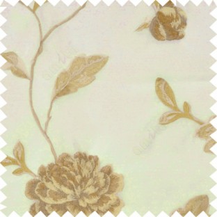 Big brown rose flower with light brown leaves beige stem on a cream base silk slub texture sheer curtain