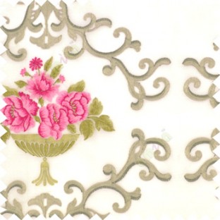 Pink brown grey cream color beautiful damask embroidery design with beautiful decorative rose flower small leaves transparent base fabric poly sheer curtain
