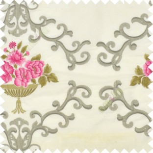 Pink brown grey cream color beautiful damask embroidery design with beautiful decorative rose flower small leaves transparent base fabric poly main curtain