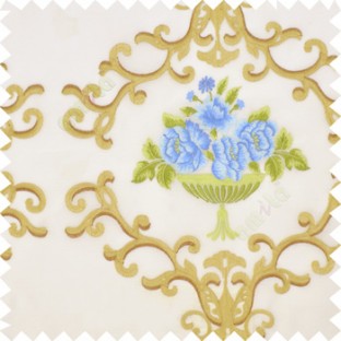 Blue green brown cream color beautiful damask embroidery design with beautiful decorative rose flower small leaves transparent base fabric poly sheer curtain
