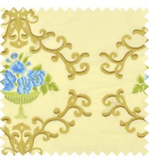 Blue green brown cream color beautiful damask embroidery design with beautiful decorative rose flower small leaves transparent base fabric poly main curtain