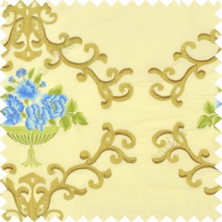Blue green brown cream color beautiful damask embroidery design with beautiful decorative rose flower small leaves transparent base fabric poly main curtain