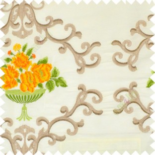 Yellow green beige white color beautiful damask embroidery design with beautiful decorative rose flower small leaves transparent base fabric poly main curtain