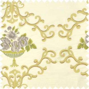 Dark green brown cream beige color beautiful damask embroidery design with beautiful decorative rose flower small leaves transparent base fabric poly main curtain